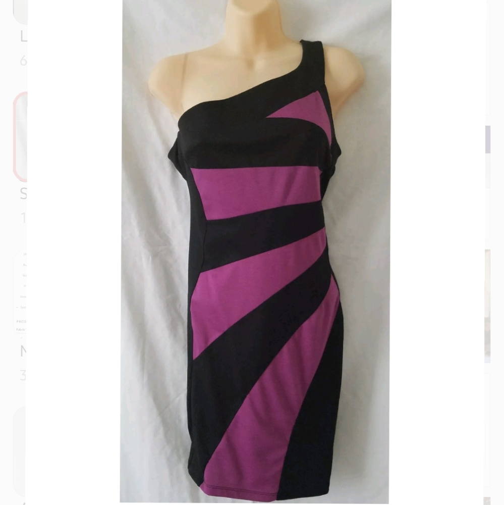 NWT Womens Fire Los Angeles Black Purple Dress Asymmetrical Neckline Size Large